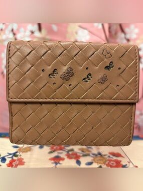 Bottega Veneta Intrecciato Peach Leather Compact Wallet Snakeskin Butterflies